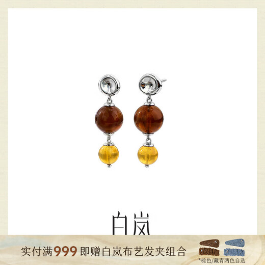 Bai Lan double amber earrings for women, amber 925 silver earrings, niche temperament, exquisite and elegant birthday gift for wife, dark amber earrings