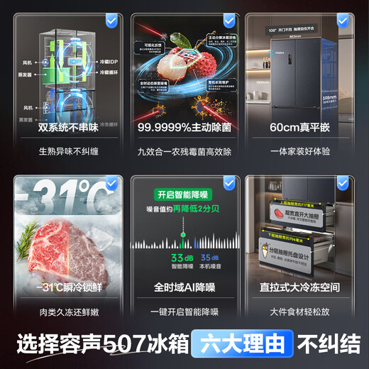 Rongsheng IDP pure flavor 507L French multi-door refrigerator active sterilization dual system ultra-thin zero embedded first-level energy efficiency frost-free frequency conversion BCD-507E30FZLAD national subsidy