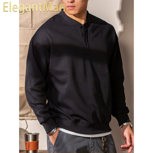 ElegantMan Winter and Autumn Henley Collar Sweatshirt Men's Pullover 320g Heavy New Henley Shirt Jacket Top Long Sleeve Casual Men Black M