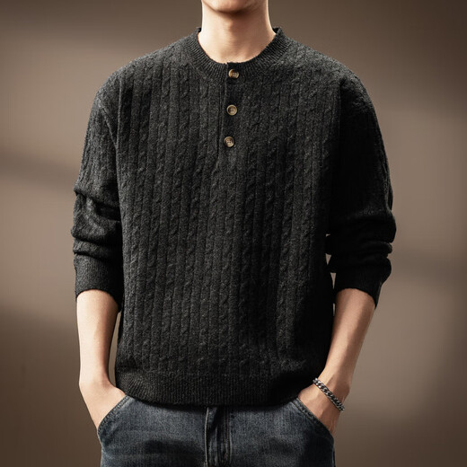 OLJ light luxury brand old money style Henry collar pullover sweater for men autumn and winter new loose twist knitted sweater jacket carbon black M suitable for 100-120Jin Jin equals 0.5 kg