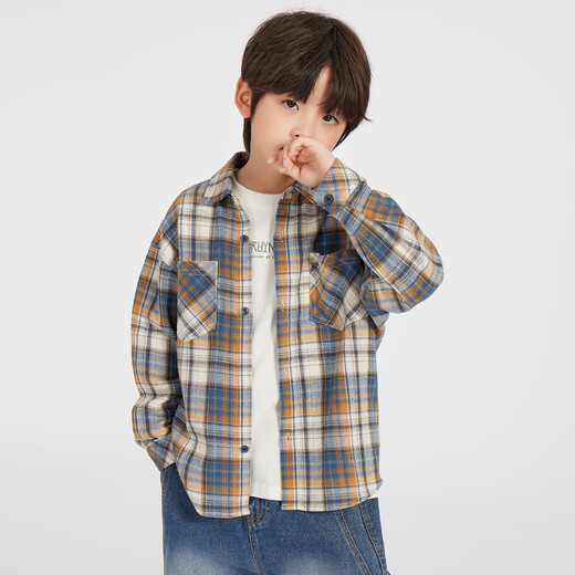Duojia Green Blues Boys' Shirts 2025 Spring Season Children's Thin Jackets Medium and Large Children's Soft Waxy Cotton Shirts Blue Check 110