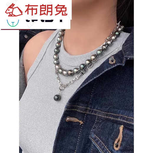 Brown Rabbit Pig Nose Necklace Black Pearl Sweater Chain Round Highlight Pendant Lock Necklace 11-12mm