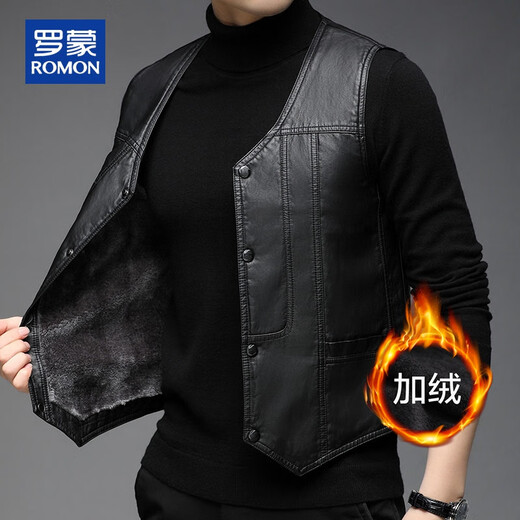 ROMON men's autumn and winter new sleeveless PU leather vest, fashionable and casual, velvet and thickened, trendy and can be worn outside, warm vest