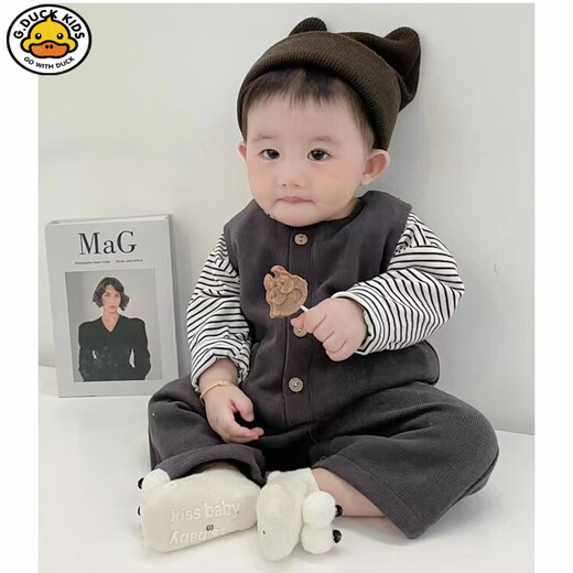 G.duck little yellow duck Korean style baby clothes suit spring and autumn new fashionable baby overalls long sleeve male and female baby spring gray rice woolen wide shoulder suit 80cm