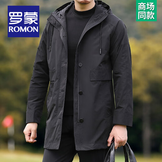 ROMON high-end hooded mid-length windbreaker men's autumn and winter new business casual middle-aged windproof warm thickened jacket men's down style YR6629972 black L /175 size