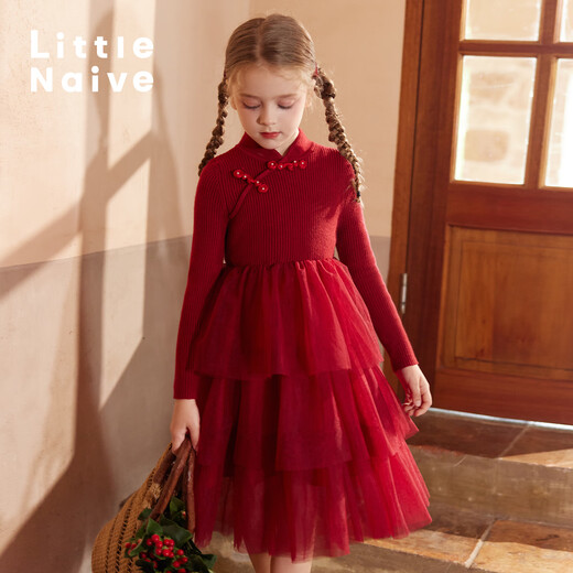 Little Naive children's long-sleeved knitted dress autumn and winter new Chinese style girls patchwork cake mesh skirt red 120