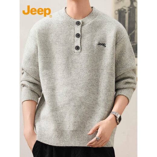 Jeep (JEEP) Casual Sweater Men's 2025 Autumn and Winter Henley Neck Sweater Trendy Brand Loose Sweater Men 25005 Light Gray Jeep Official M_90-110Jin Jin equals 0.5 kg