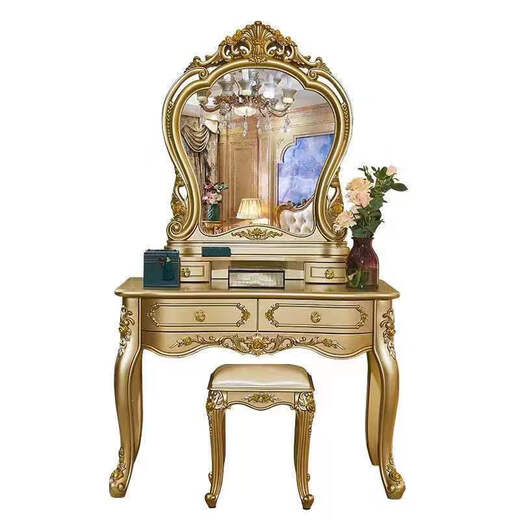 Champagne gold European style dressing table bedroom small apartment Internet celebrity princess rich gold simple dressing table mirror 1 meter champagne gold round mirror dressing table + makeup stool
