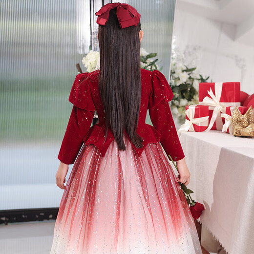 G.duck student dress, children's host evening dress, piano performance, girl's New Year's greeting dress, beautiful princess dress, autumn and winter, velvet long-sleeved red princess dress 130 cm