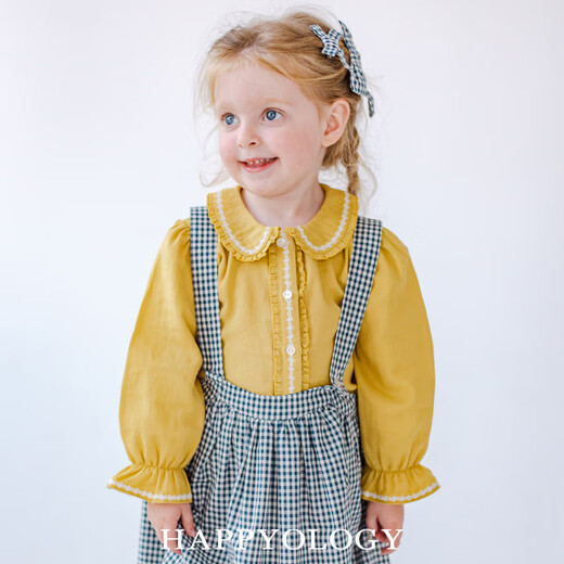 Happyology British children's shirts, girls' autumn tops, pure cotton long-sleeved earring lapel shirt, mustard yellow 86 (86cm)