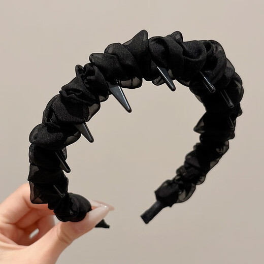 Bo Na Ling black toothed comb headband for women to wear daily with high skull top 2025 new style high-end mesh rice beads headband hair accessories black bubble pleat soft gauze headband
