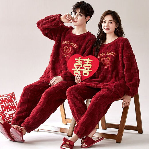 Victoria style suit wedding couple autumn and winter pajamas red autumn and winter thickened animal year plus velvet wedding home clothes coral two sets 7500 M female + male L