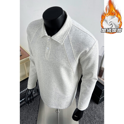 Pierre Cardin threaded splicing plus velvet Henry collar long-sleeved sweatshirt for men winter warm heavyweight polo shirt American style inner layering shirt white gray M