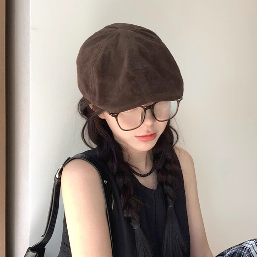 Bailey duck cap forward hat women's autumn and winter all-match suede retro face-showing small reverse wear 2025 new coffee color brown (55-59cm)