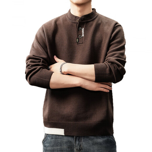 Bmuvlss high-end brand men's American Henry collar sweater for men 2025 autumn and winter new versatile long-sleeved sweater for men dark coffee M suitable for 100-120Jin Jin equals 0.5 kg