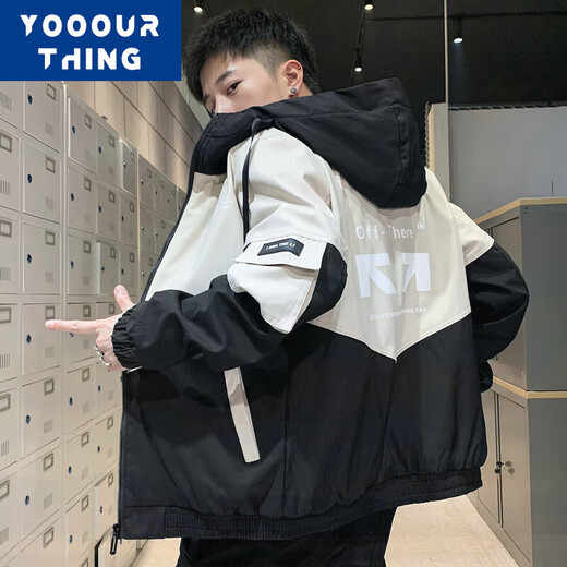 YOOOURTHING jacket men's spring, autumn and winter velvet thickened hooded Korean style trendy youth color matching casual tops light blue regular XL (recommended 110-135 Jin Jin equals 0.5 kg)