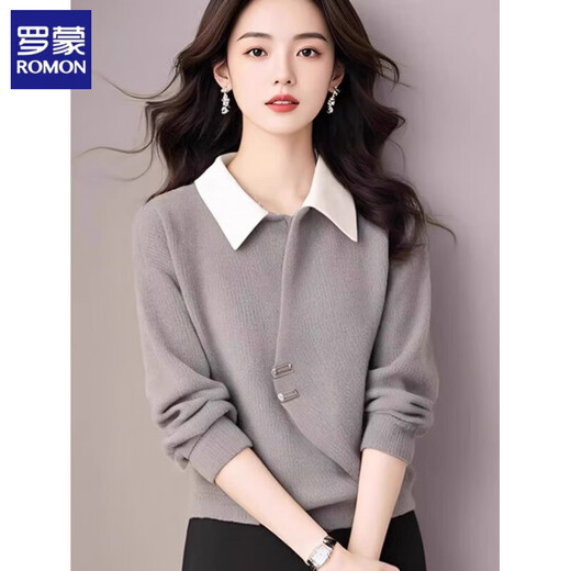ROMON fake two-piece corduroy thickened shirt for women in autumn and winter fashion contrasting color atmosphere loose casual Polo collar top light gray L suitable for 100-110Jin Jin equals 0.5 kg