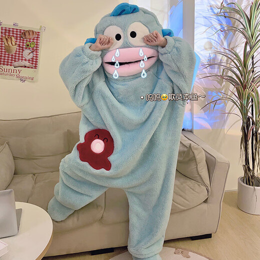 Wei Zhan Clown Fish Pajamas for Women and Men Winter One-piece Pajamas Coral Velvet Warm Funny Abstract High-Looking Doll Pajamas Blue Ugly Fish Pajamas M Suitable for heights below 165 and weight 130 Jin Jin is equal to 0.5 kg within