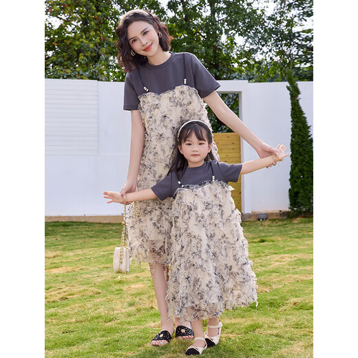 Shijanu parent-child outfit mother-daughter summer mother-daughter parent-child super fairy fake two-piece skirt summer new Korean version chiffon splicing short-sleeved medium 90 cm baby girl