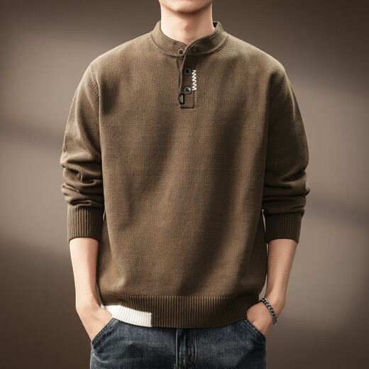 Bmuvlss high-end brand men's American Henry collar sweater for men 2025 autumn and winter new versatile long-sleeved sweater for men dark coffee M suitable for 100-120Jin Jin equals 0.5 kg