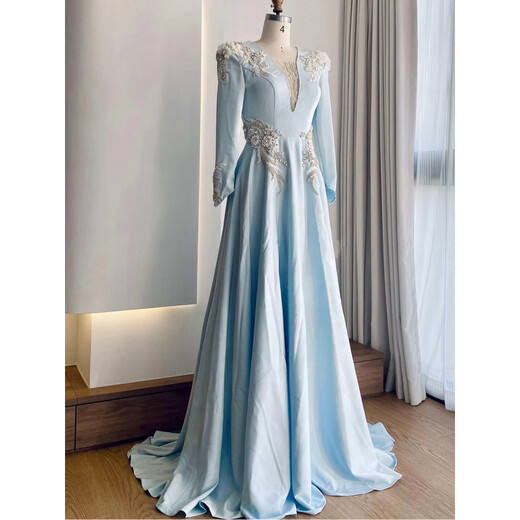 High-end host performance evening dress female dignified atmosphere evening party chorus guzheng long skirt vocal music test dress light blue 2XL