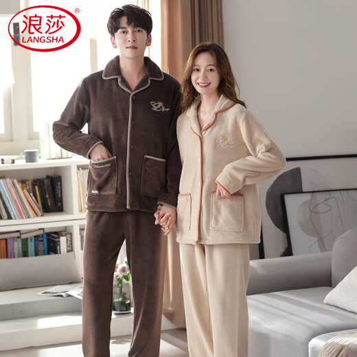 LangSha Couple Pajamas Women's Winter Flannel Home Clothes Men's Fall Velvet Casual Loose Suits Women's Autumn and Winter Style A2731 Beige Female M