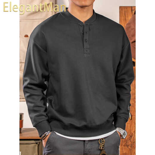 ElegantMan Winter and Autumn Henley Collar Sweatshirt Men's Pullover 320g Heavy New Henley Shirt Jacket Top Long Sleeve Casual Men Dark Gray M