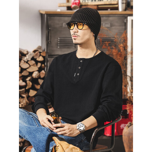 Maorong Warm Autumn American retro Henry collar Polo shirt men's long-sleeved autumn new tough guy T-shirt men's loose black hit black M _Suitable for 100-125Jin Jin equals 0.5 kg