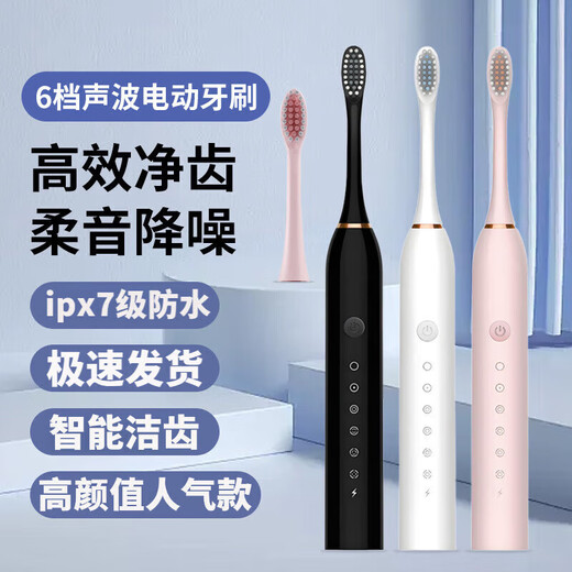 Electric toothbrush for adults, rechargeable, fully automatic, sonic, soft-bristled, waterproof, for men and women, couple set, pink, with 6 brush heads