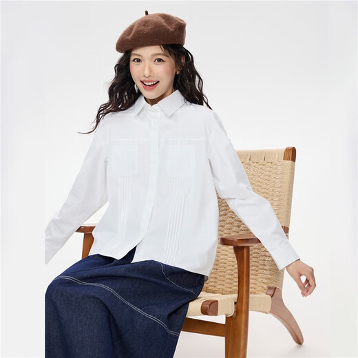 Giordano 2026 spring new pure cotton commuter pleated double pocket lapel long-sleeved shirt for women 05345866