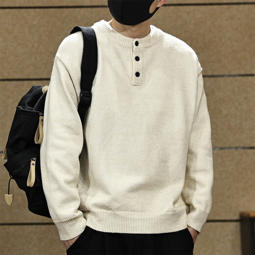 Fat Brother American Simple Henry Collar Sweater Men's Autumn and Winter Loose Lazy Warm Jacket Half-Open Knitted Sweater Top Apricot M Weight 100-130Jin Jin is equal to 0.5 kg