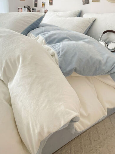 Wing Fantasy 2024 new milk velvet bed four-piece set winter thickened coral flannel bedding quilt cover sheet three-piece set Upgraded model - milk white + baby blue A-level maternal and infant use, skin-friendly and delicate 1.2m bed three-piece bed sheet set - suitable for 150x200cm