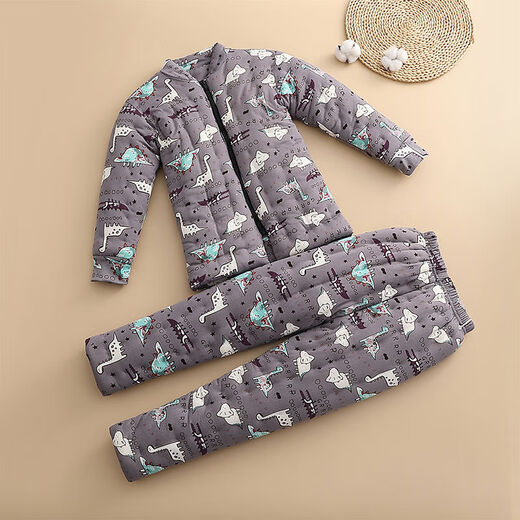 儿童手工纯棉花棉袄女宝宝冬季大中童棉衣服内胆小孩加厚棉裤套装 灰色恐龙图案 100 100码建议身高95100CM