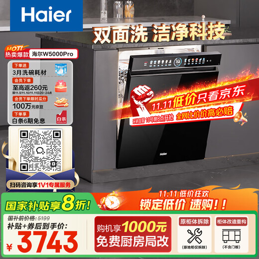 Haier double-sided washing W5000Pro, national subsidy 20%, built-in dishwasher, large 16 sets capacity, AI intelligent control, high temperature cleaning, first-class water efficiency EYSW16566GHU1
