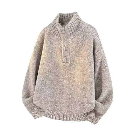 Men's Sweater Henley Collar Buttoned Knit Sweater Men's Turtleneck Warm Fall and Winter Outerwear Loose Lazy Style Black M