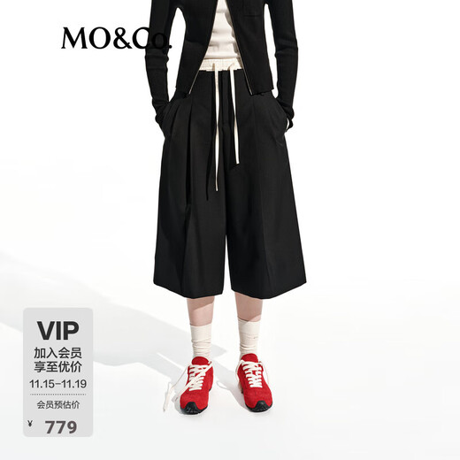 MO&Co. Three-quarter wide-leg pants with spring splicing and high-waist design, sheep wool worsted MBE1SOT008 black M 165