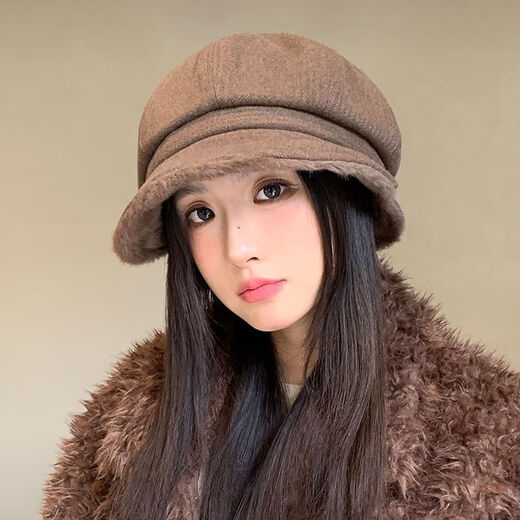 Rui Menghua 2025 new autumn and winter velvet thickened beret versatile large head circumference octagonal hat showing face small windproof warm hat beige M 55-58c one size fits all