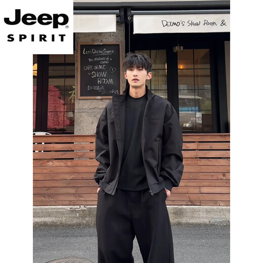 JEEP SPIRIT three-proof American flight jacket for men in spring and autumn, a complete set of stand-up collar baseball jacket, short work jacket, apricot jacket + black long sleeves + black trousers, three-piece set M (suitable for 110-125 Jin Jin equals 0.5 kg)
