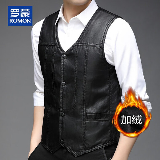 ROMON men's autumn and winter new sleeveless PU leather vest, fashionable and casual, velvet and thickened, trendy and can be worn outside, warm vest