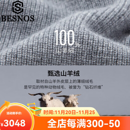 BESNOS Light Luxury Pure Cashmere Sweater Men's Thickened Winter Henley Neck Sweater Round Neck Casual Warm Knitted Bottoming Shirt Navy Blue XL (180)