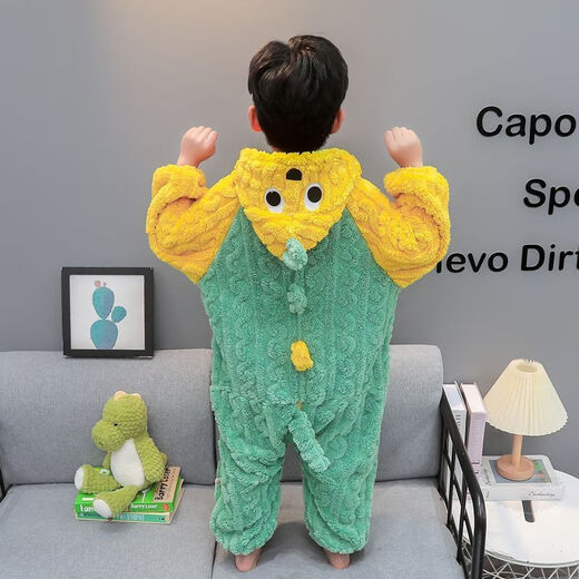 Children's flannel one-piece pajamas autumn and winter thickened boy's dinosaur romper baby coral velvet anti-kick sleeping bag to keep warm Green Dinosaur 80