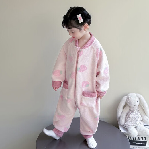 Baby coral velvet pajamas autumn and winter girls conjoined baby children's flannel sleeping bag thickened home clothes princess style off-white rabbit 100