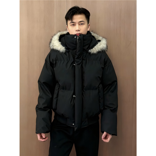 Jufeng black American short pu leather down jacket men's winter detachable fur collar cotton jacket high-end bread suit black S (recommended 80-95Jin Jin equals 0.5kg)