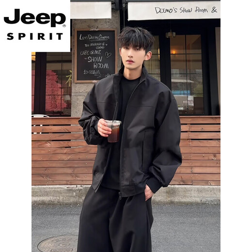 JEEP SPIRIT three-proof American flight jacket for men in spring and autumn, a complete set of stand-up collar baseball jacket, short work jacket, apricot jacket + black long sleeves + black trousers, three-piece set M (suitable for 110-125 Jin Jin equals 0.5 kg)