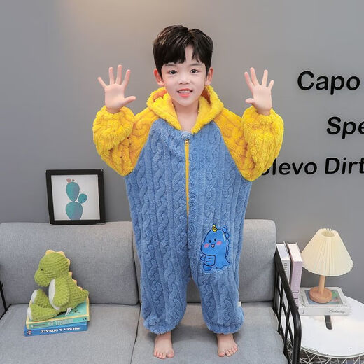 Children's flannel one-piece pajamas autumn and winter thickened boy's dinosaur romper baby coral velvet anti-kick sleeping bag to keep warm Green Dinosaur 80