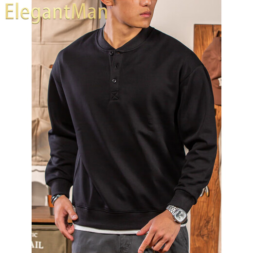 ElegantMan Winter and Autumn Henley Collar Sweatshirt Men's Pullover 320g Heavy New Henley Shirt Jacket Top Long Sleeve Casual Men Black M