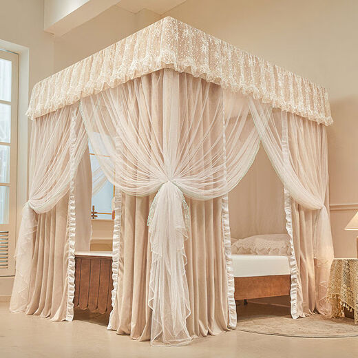 Midele's new double-layer blackout bed curtain mosquito net integrated three-door curtain home palace floor-standing princess bedroom window curtain navy blue mosquito net + curtain + bracket with light 1 point 2 beds x 2m long thickened paint bracket