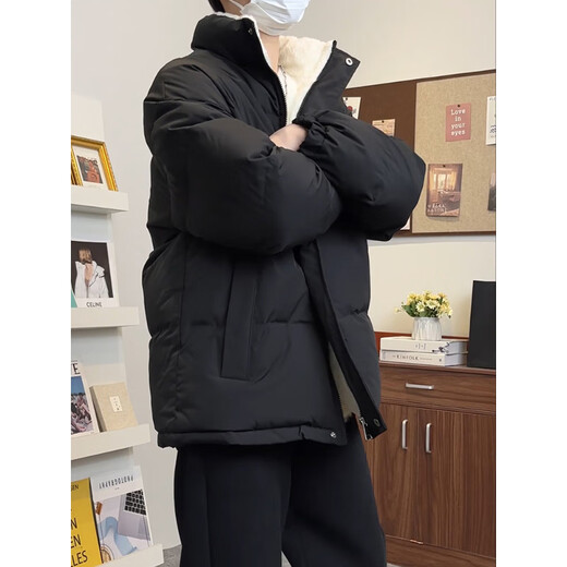 She Manlai Black American Down Jacket Men's Winter Thickened Stand-up Collar Cotton Jacket Lined with Velvet Lambswool Jacket Bread Jacket Black XL