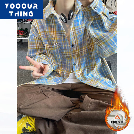 YOOOURTHING美式复古格子衬衫男长袖春秋冬加绒加厚宽松情侣百搭休闲衬衣外套 CJ9734-蓝格 加绒 M (建议90-110斤)