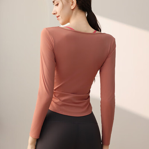 Yoga wear women's long-sleeved T-shirt temperament U-neck waist slimming sports long-sleeved Pilates training fitness top coral pink L